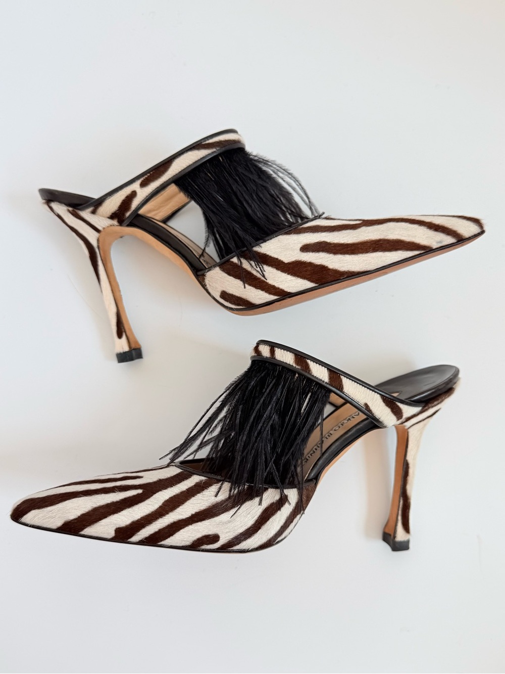 Manolo Blahnik Zebra Print Calf Hair Feather Fringe Pointed Toe Mule Heels EU 37 - Picture 7 of 11